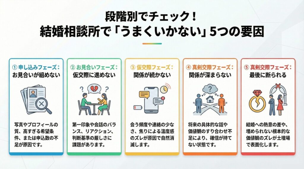 結婚相談所でうまくいかない5つの要因をまとめた図解。結婚相談所の各フェーズごとにまとめている。
