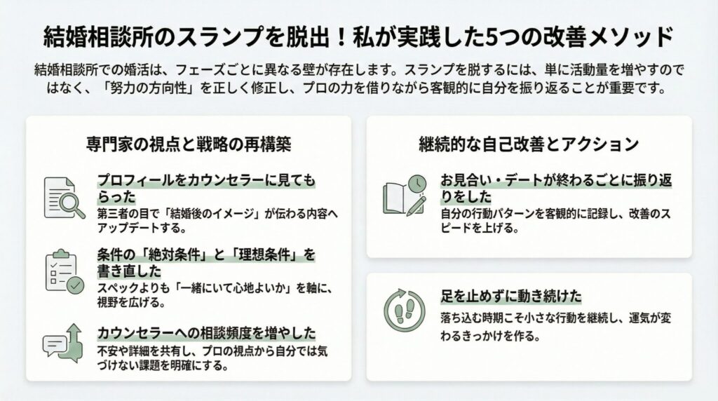 結婚相談所でのスランプを脱出するために、著者が実践した5つの改善方法を紹介した図解。