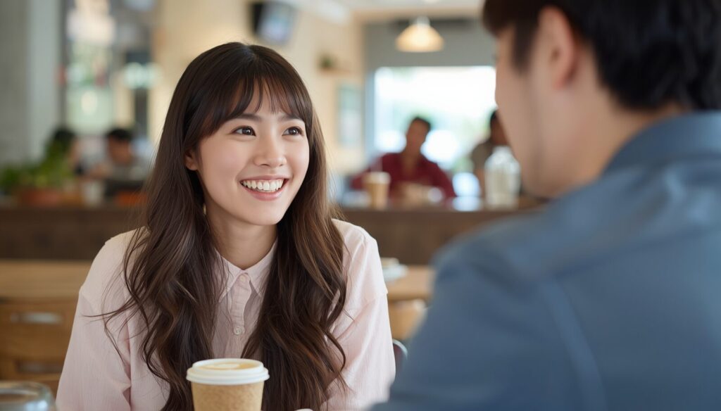 カフェで男性と楽しく会話する女性