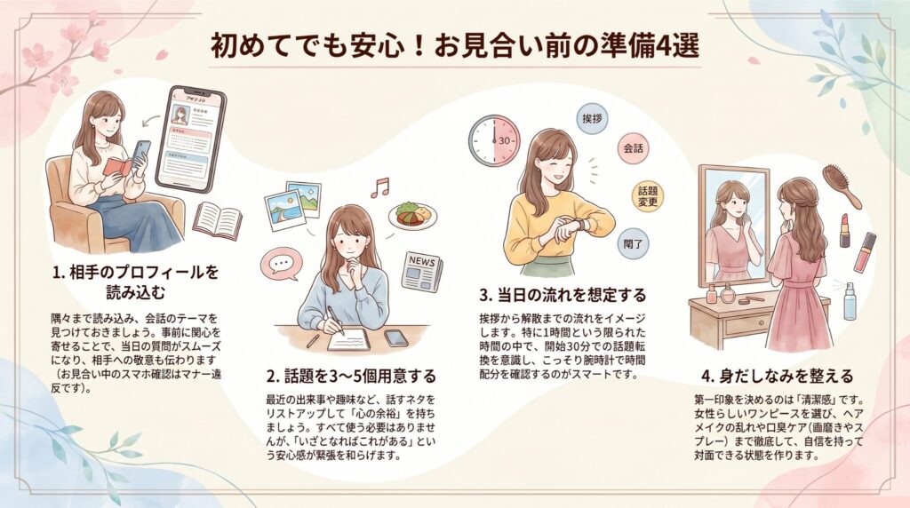 著者が実践したお見合い前の準備4選を紹介した図解