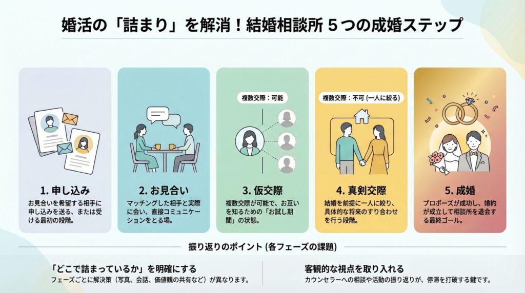 結婚相談所の活動フェーズと各フェーズでの振り返りポイントをまとめた図解。