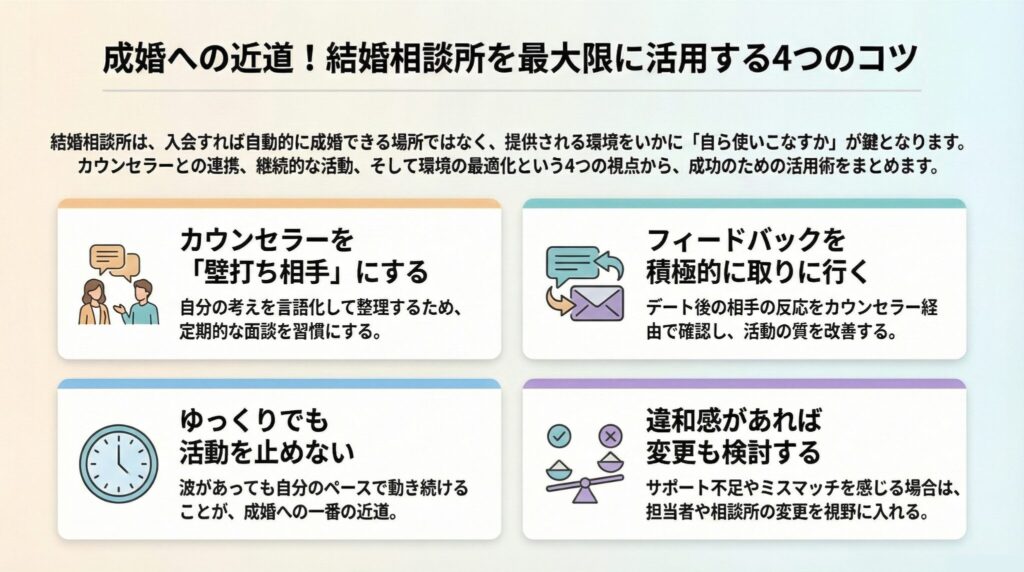 結婚相談所を最大限に活用するための4つのコツをまとめた図解。