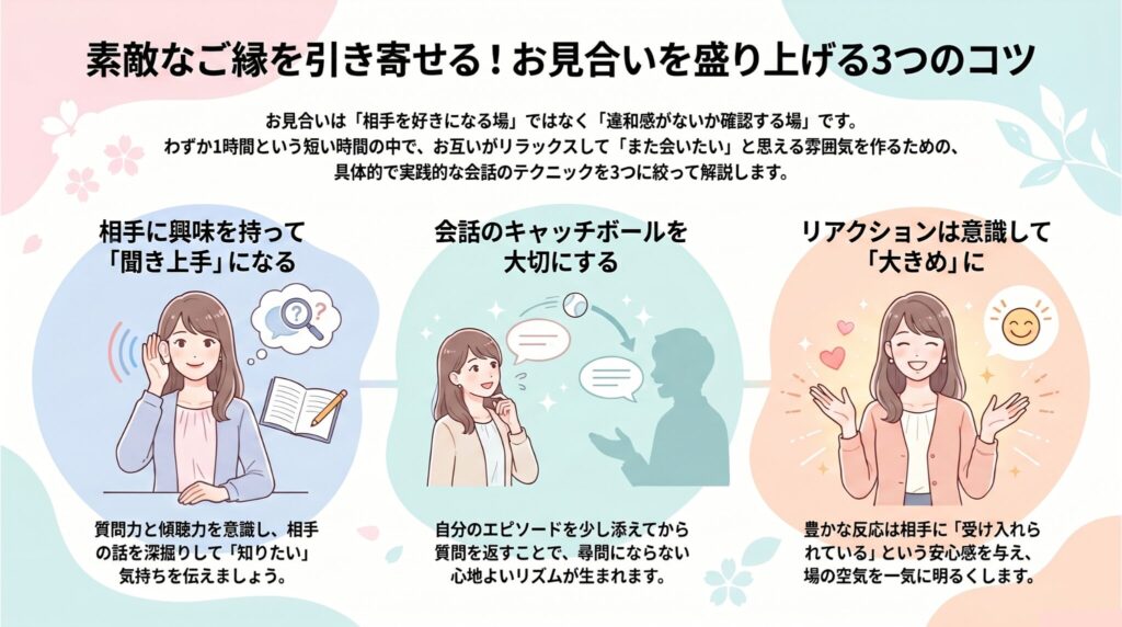 お見合いを盛り上げるコツ3点を紹介した図解