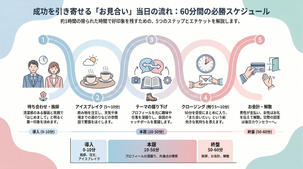 約1時間のお見合い当日の流れを紹介した図解