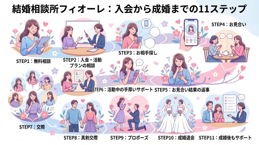 フィオーレの入会から成婚までの11ステップをまとめた図解