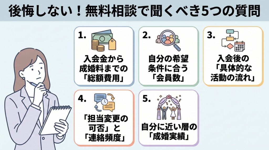フィオーレの無料相談で聞くべき5つの質問の図解